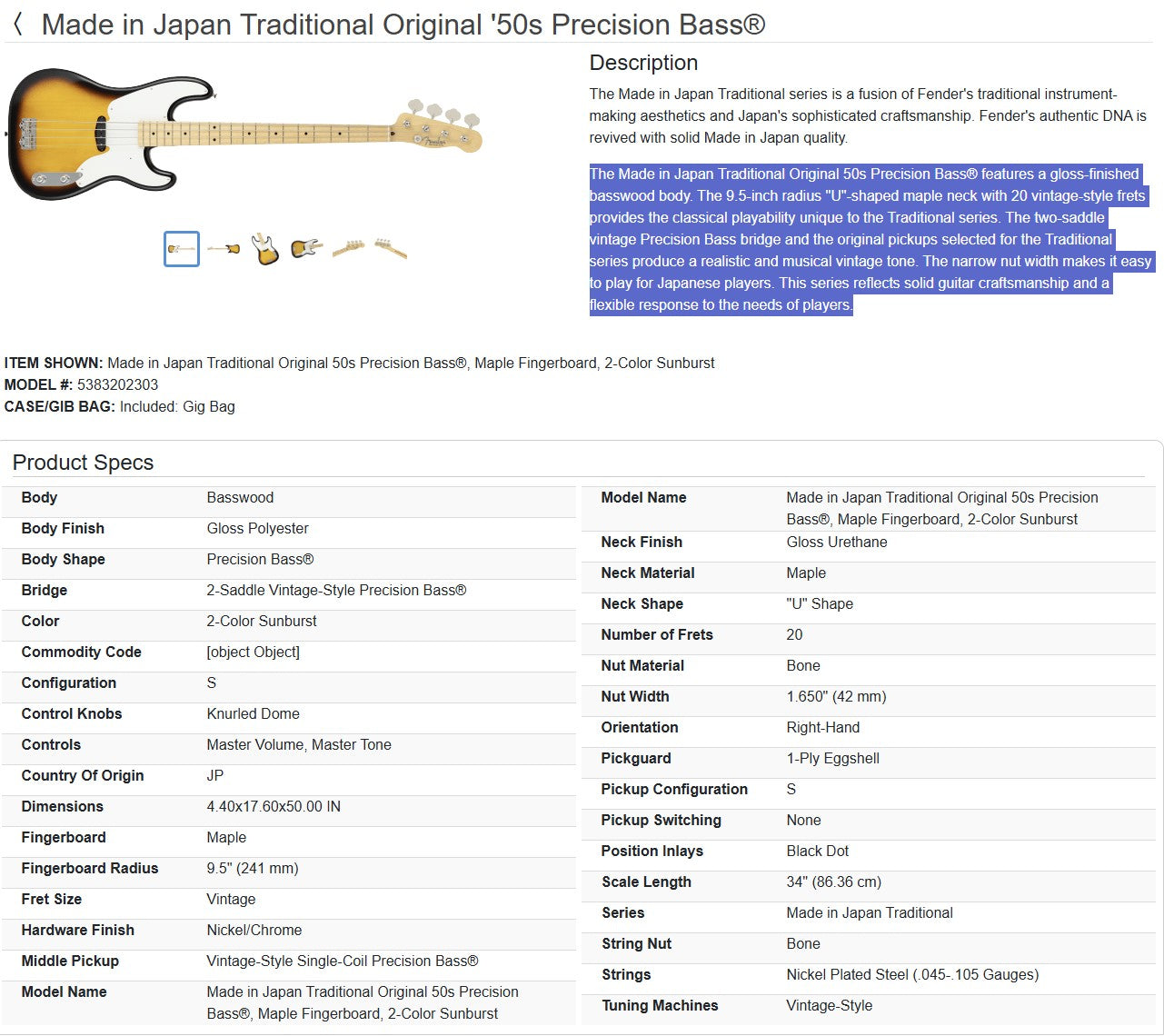 Fender Traditional Original '50s Precision Bass 2025 - 2-Color Sunburst | Tonebay