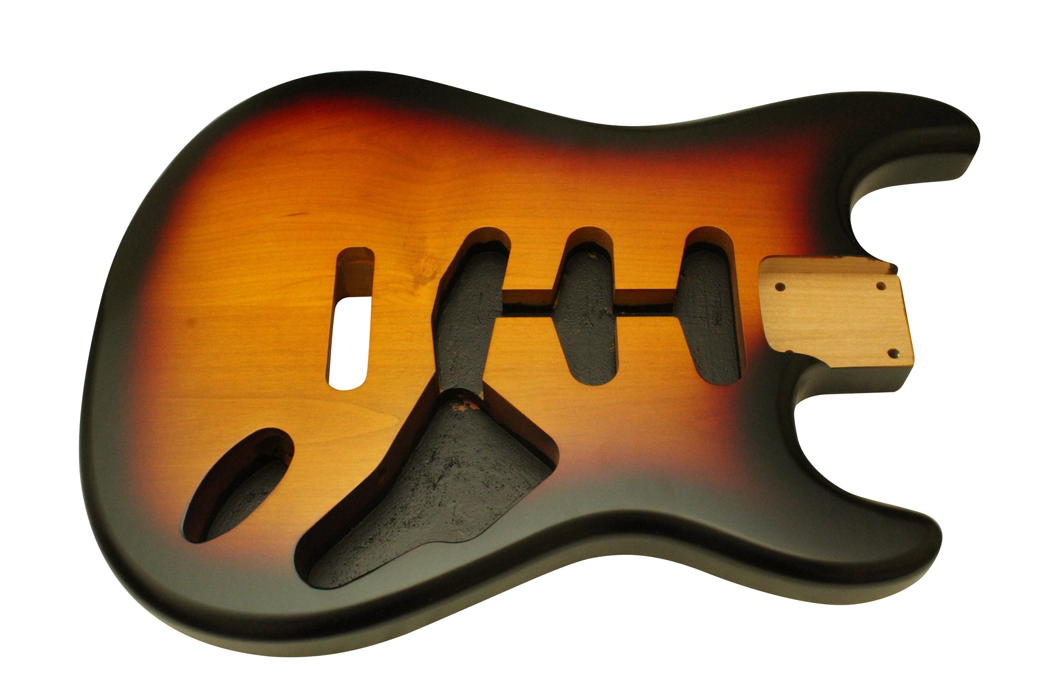 Two piece nitrocellulose satin three tone sunburst Strat body (b stock)