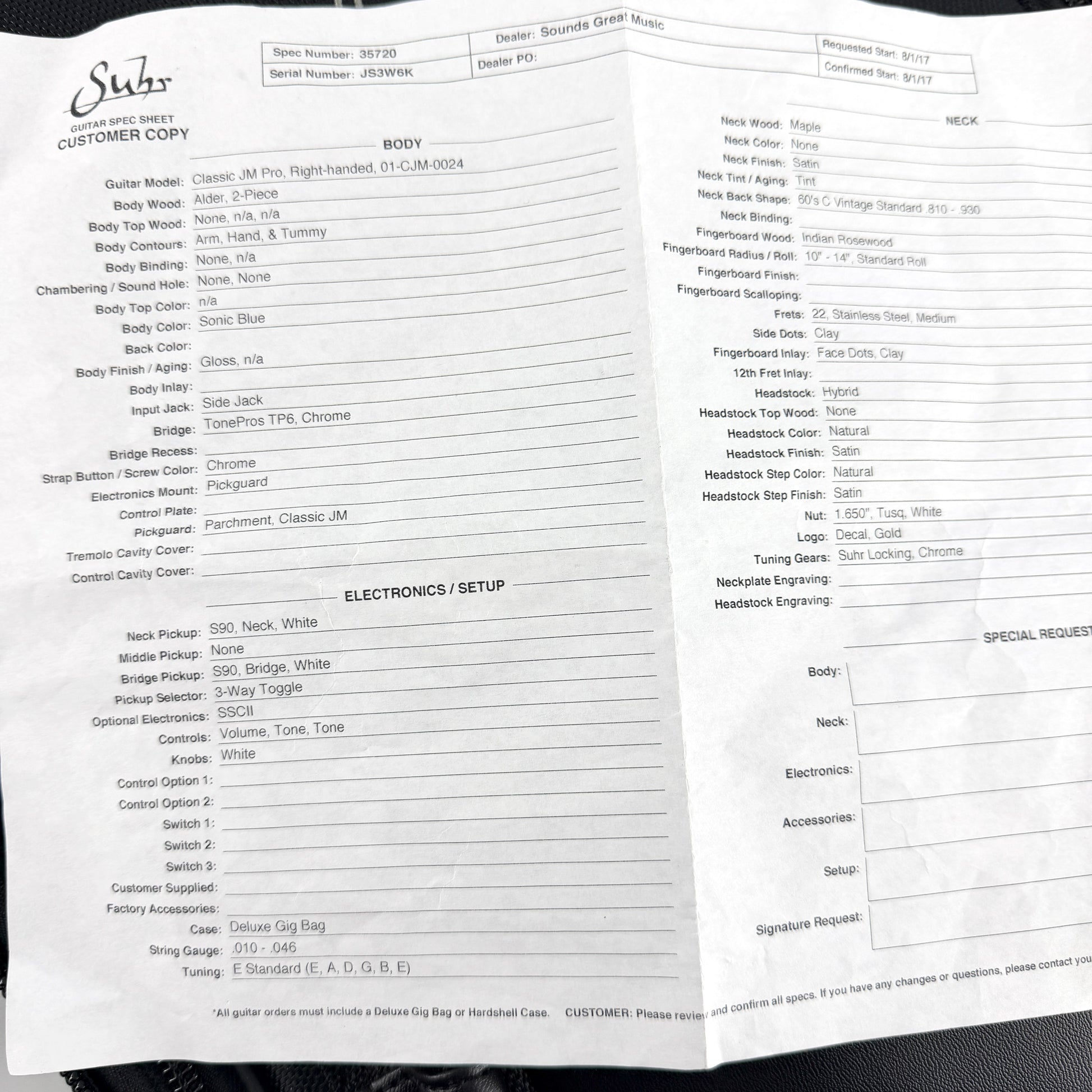 2017 Suhr Classic JM Pro – Sonic Blue