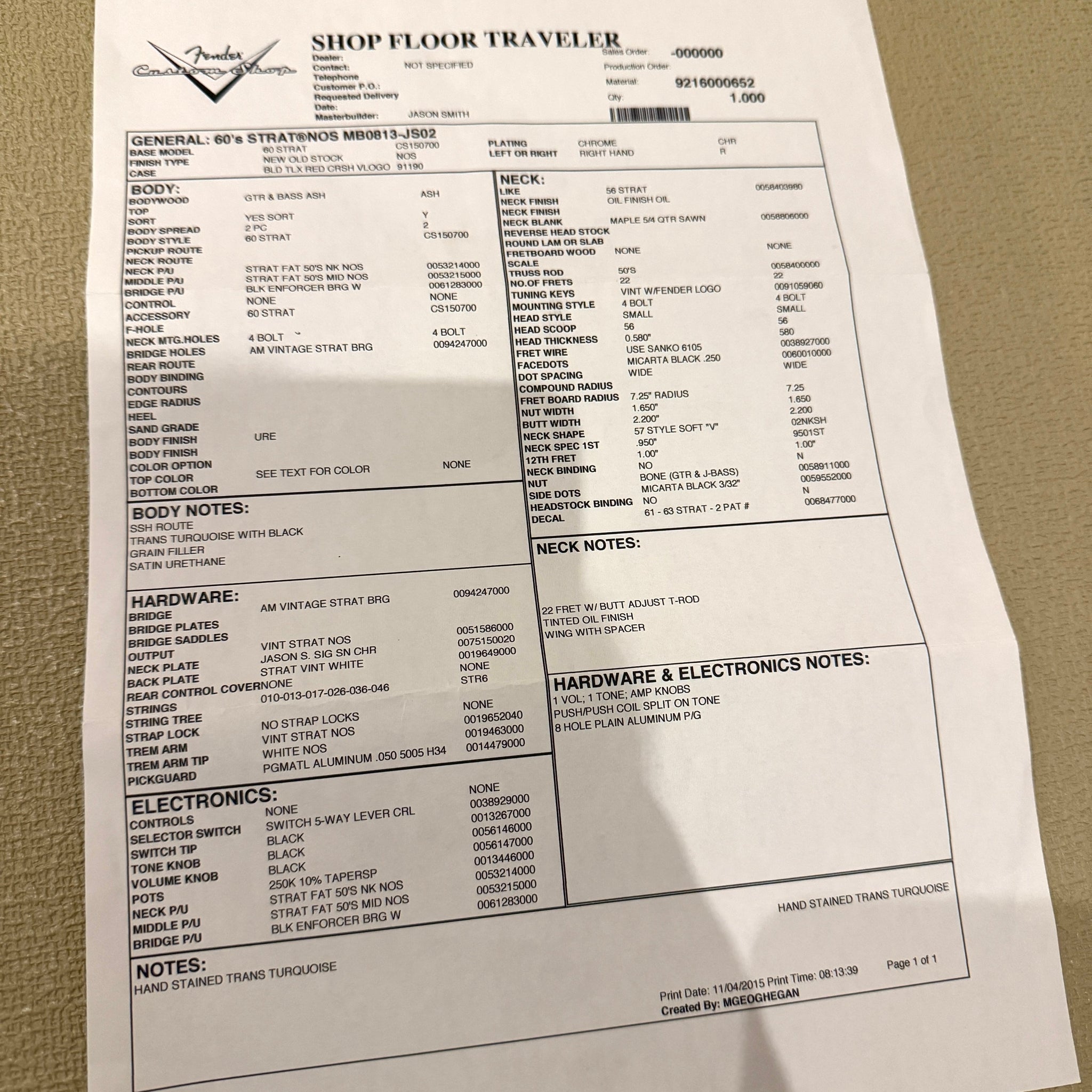 2015 Fender Custom Shop Jason Smith Masterbuilt 1960 HSS Stratocaster NOS - Translucent Turquoise & Black Grain | Tonebay